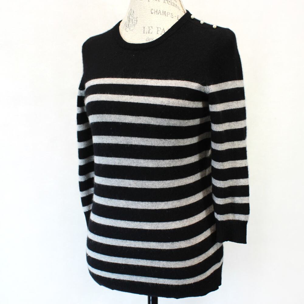 C by Bloomingdale's 100% Cashmere Black Pearl Striped Crew Neck Sweater Medium